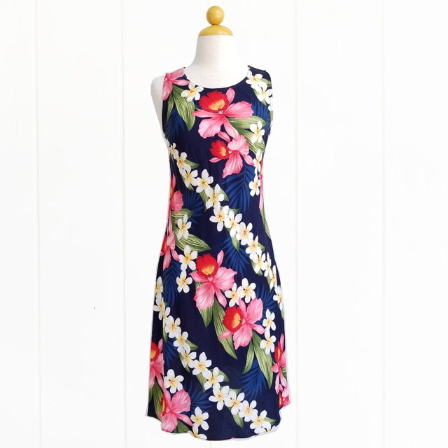 Hawaiian Tank Dress, Semi-Long Length, Plumeria Orchid Panel Design
