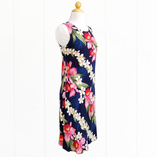 Hawaiian Tank Dress, Semi-Long Length, Plumeria Orchid Panel Design
