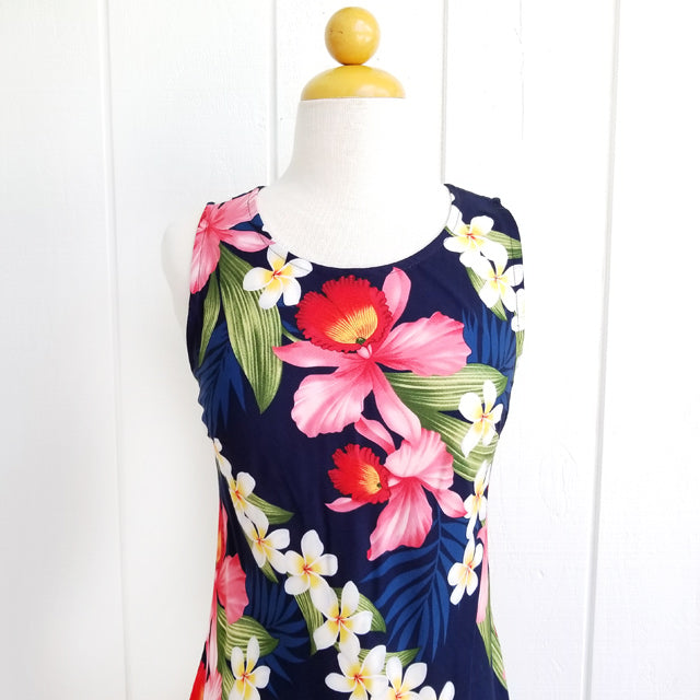Hawaiian Tank Dress, Semi-Long Length, Plumeria Orchid Panel Design