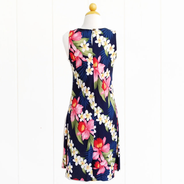 Hawaiian Tank Dress, Semi-Long Length, Plumeria Orchid Panel Design