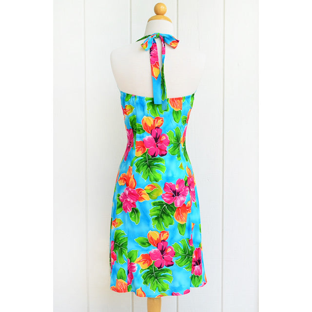Short Halter Floral Dress Hibiscus Watercolor Blue / XL Short Halter Floral Dress Hibiscus Watercolor Blue / XL