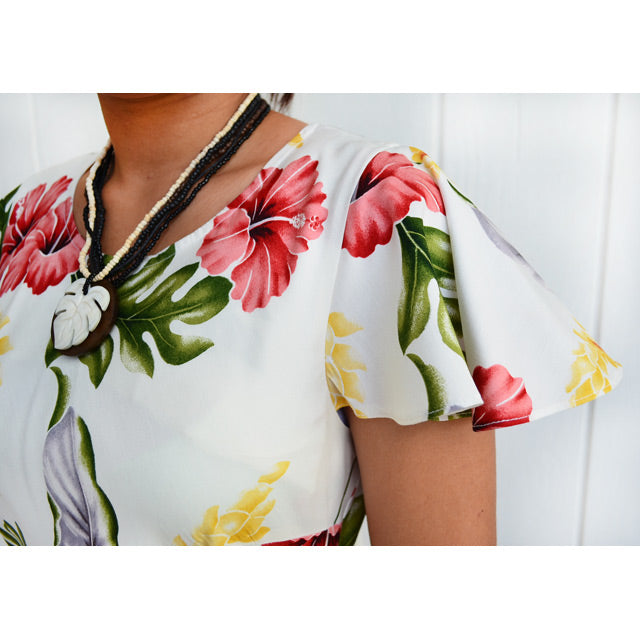 Hawaiian Long Sleeve Dress 950 [Monstera] Cream Cream / XL / Rayon