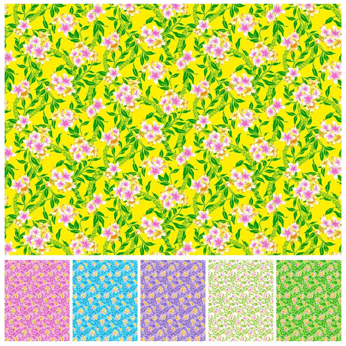 Hawaiian Poly-Cotton Fabric HMR-24-74R (Plumeria, Maile, Pikake)