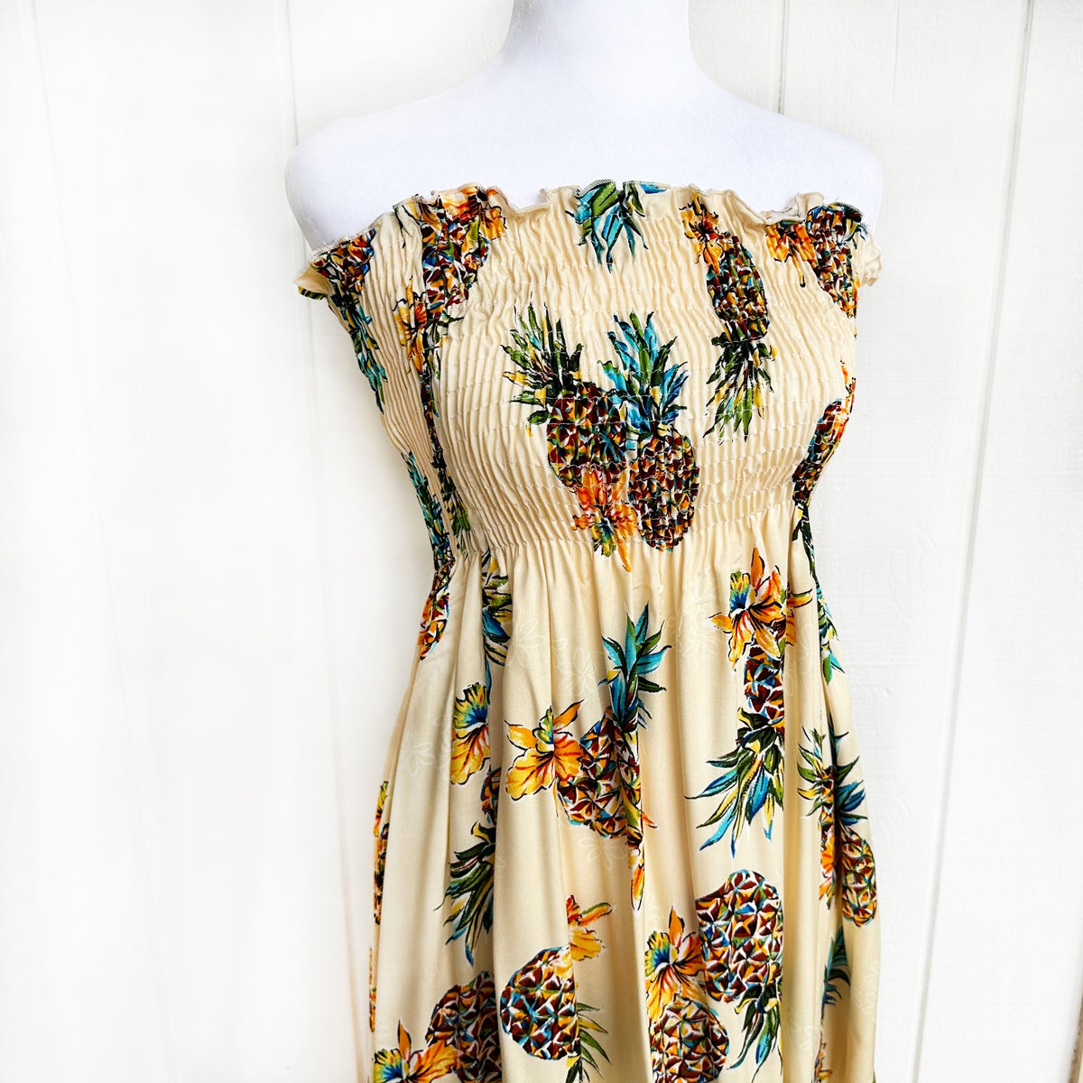 Hawaiian Muumuu Tunic Dress, Semi-Long Length, Golden Pineapple Design