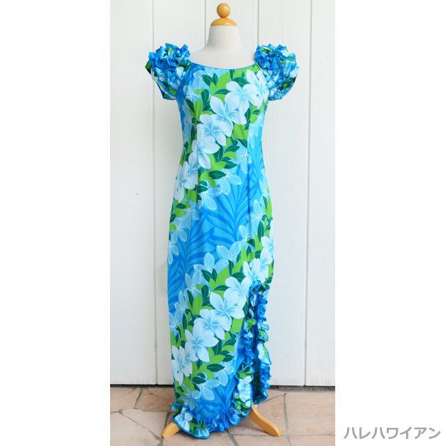Hawaiian Muumuu, Design of Naomi, Slit Dress, Long, Plumeria, Blue