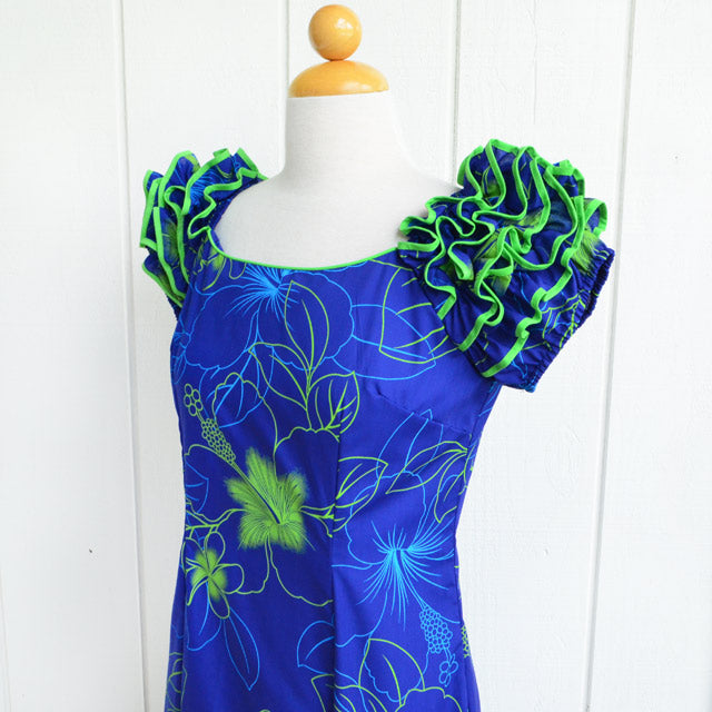 Hawaiian Muumuu Naomi Split Dress Long [Hibiscus Neon] Navy