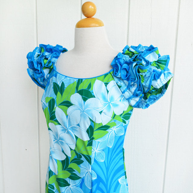 Hawaiian Muumuu, Design of Naomi, Slit Dress, Long, Plumeria, Blue Hawaiian Muumuu, Design of Naomi, Slit Dress, Long, Plumeria, Blue