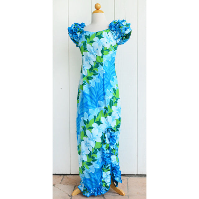 Hawaiian Muumuu, Design of Naomi, Slit Dress, Long, Plumeria, Blue Hawaiian Muumuu, Design of Naomi, Slit Dress, Long, Plumeria, Blue