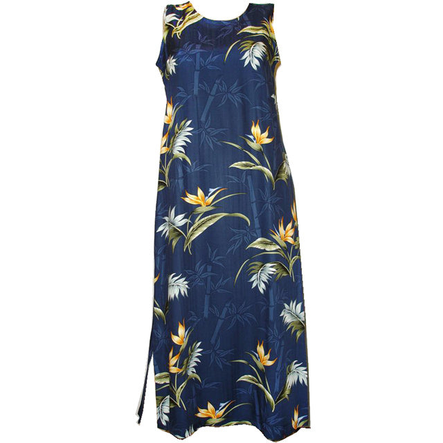 Bamboo Paradise Tropical Print Long Tank Hawaiian Aloha Dress in Navy Bamboo Paradise Tropical Print Long Tank Hawaiian Aloha Dress in Navy