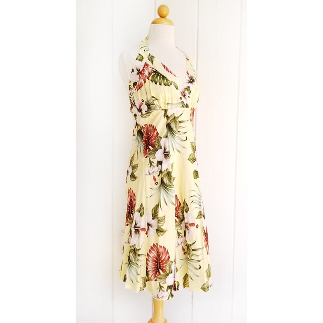 Clearance Sale: Hawaiian Short Halter Dress [Hibiscus & Monstera] Yellow / S / Rayon