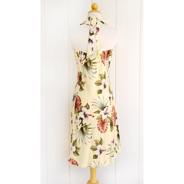 Clearance Sale: Hawaiian Short Halter Dress [Hibiscus & Monstera] Yellow / S / Rayon