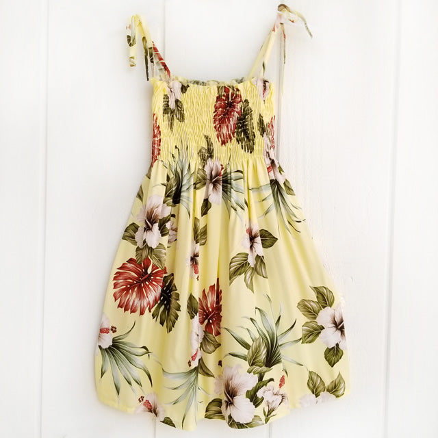 rayon summer dresses Kids Rayon Tunic Dress [Hibiscus & Monstera] Light Yellow / 2 years old / Rayon