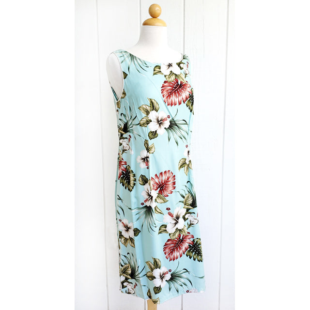 Hawaiian Tank Dress, Semi-Long Length, Hibiscus & Monstera Design