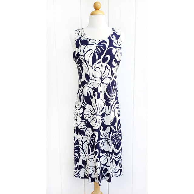 Clearance Sale: Hawaiian Tank Dress, Semi-Long Length, featuring a Monstera and Hibiscus Panel.