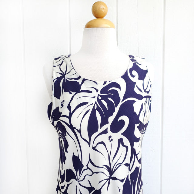 Clearance Sale: Hawaiian Tank Dress, Semi-Long Length, featuring a Monstera and Hibiscus Panel.