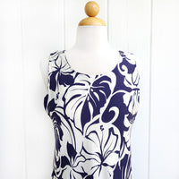 Clearance Sale: Hawaiian Tank Dress, Semi-Long Length, featuring a Monstera and Hibiscus Panel.