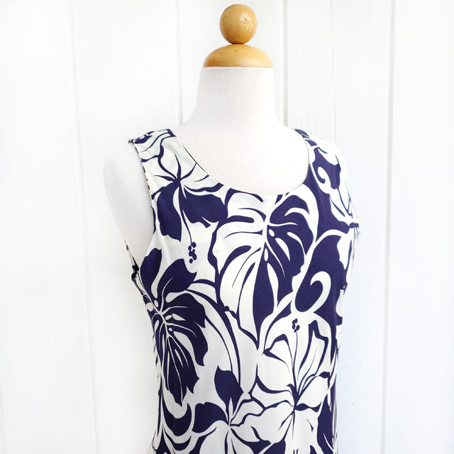 Clearance Sale: Hawaiian Tank Dress, Semi-Long Length, featuring a Monstera and Hibiscus Panel.