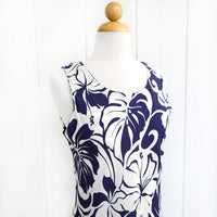 Clearance Sale: Hawaiian Tank Dress, Semi-Long Length, featuring a Monstera and Hibiscus Panel.