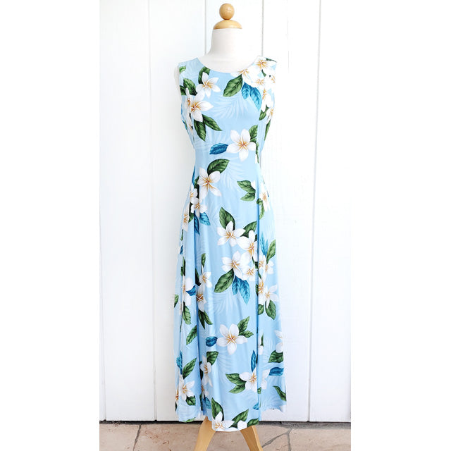 Hawaiian Mid-Length Rayon Dress 909 [Plumeria Shower] Blue / XL / Rayon