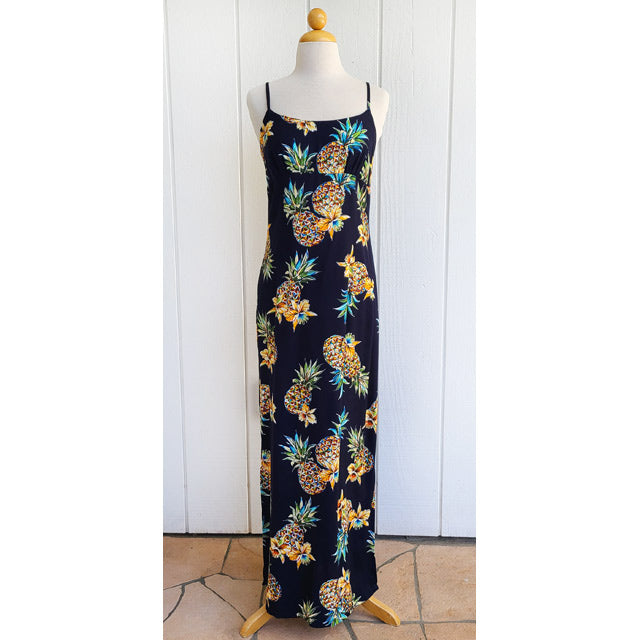 slim fit dress slacks Hawaiian Camisole Dress, Long [GOLDEN Pineapple] Navy / Xs / Rayon