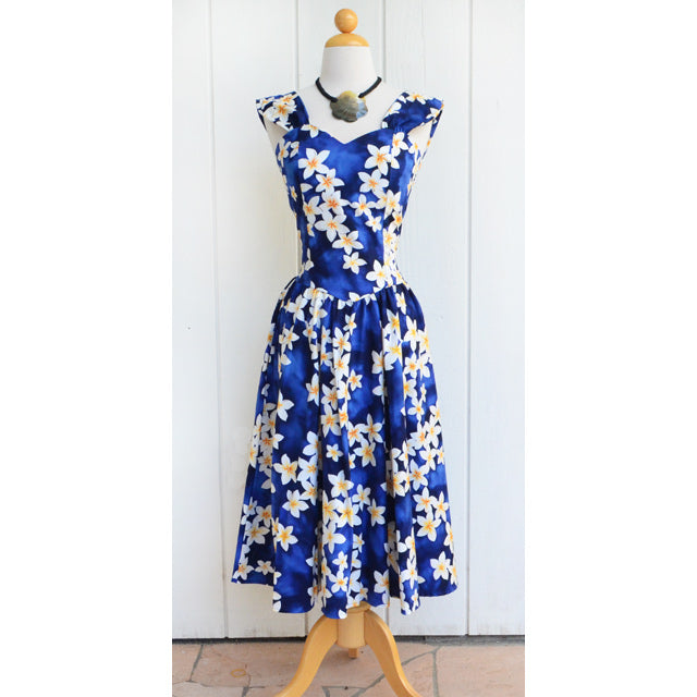 Hawaiian Sundress, Semi-Long [Plumeria] Blue / M / Cotton