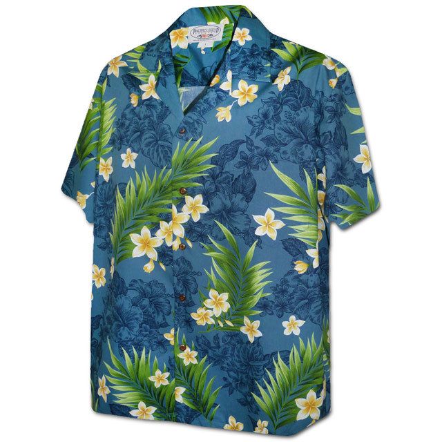 Pacific Legend Hibiscus Blue Cotton Men's Hawaiian Shirt , 4XL