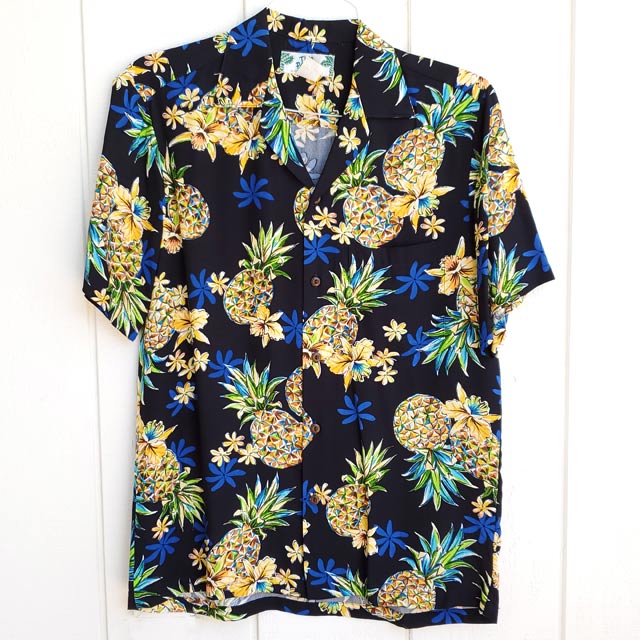 Two Palms Golden Pineapple Navy Rayon Men's Hawaiian Shirt , M