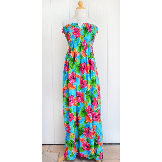 Hawaiian Muumuu Tunic Dress Maxi [Hibiscus Water] Blue / One size / Rayon
