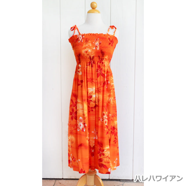 Hawaiian Muumuu Tunic Dress, Semi-Long [Moonlight Scenic] Orange / One Size / Rayon