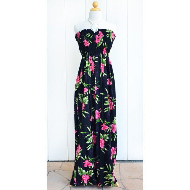 Hawaiian Muumuu Tunic Dress Maxi [Orchid Fern] Black / One size / Rayon