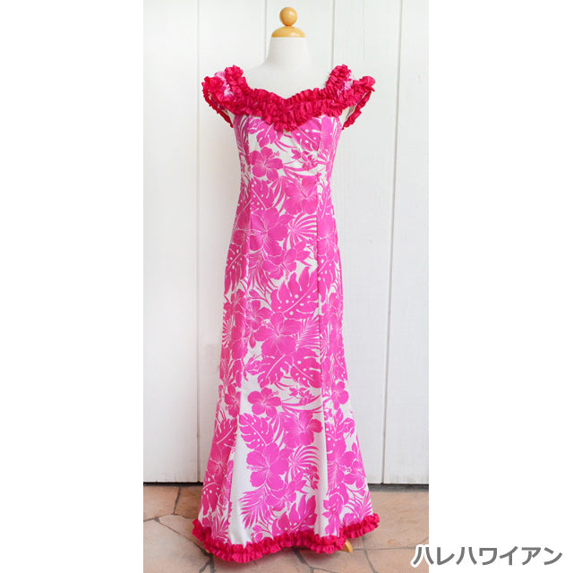 ハワイアン ムームー ラッフル ドレス ロング 【 ナヘナヘ ハイビスカス 】