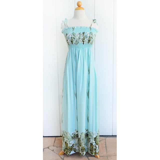 hawaiian prom dress Hawaiian Tunic Dress, Long [Monstera] light blue / One size / Rayon