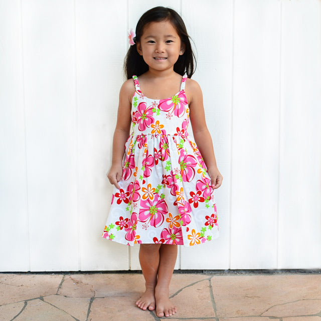 Kids Cotton Bungee Dress [Girly Hibiscus] Pink / 7-8 Years Old / Cotton