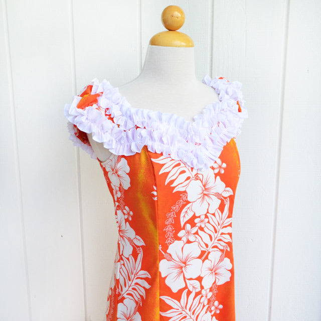 Hawaiian Muumuu Ruffle Long Dress [Hibiscus & Fern] Orange / M / Polycotton