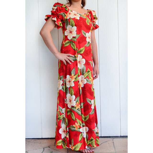 Red Hawaiian Long Dress in White Hibiscus Print M Red Hawaiian Long Dress in White Hibiscus Print M