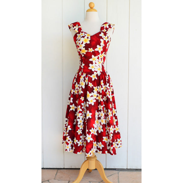 Cream Flower Lei Print Elegant Long Pleated Lace Hawaiian Dress 2034