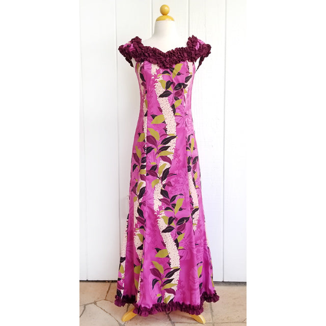 Hawaiian Costumes Hawaiian Dresses Hawaiian Muumuu Ruffle Long Dress  [Monstera Lei] Pink XL Polycotton