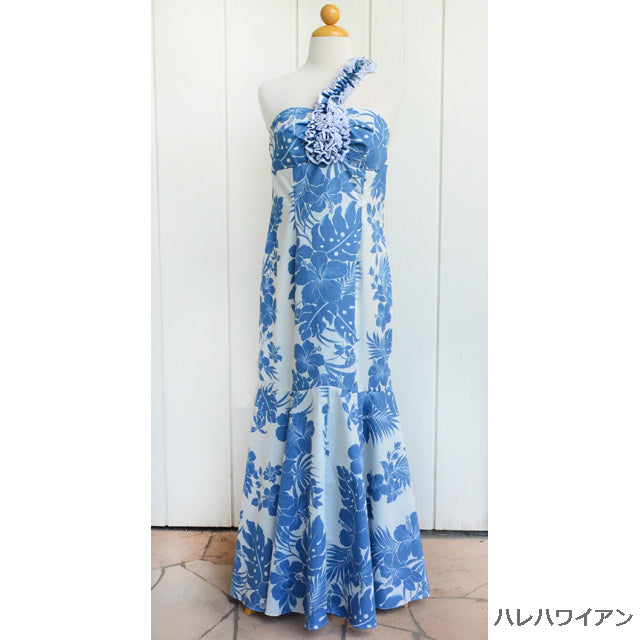 Clearance Sale! Irregularities/Imperfect Hawaiian Muumuu One-Shoulder Long Dress 【Nahenahe Hibiscus】 Blue / XL / Polycotton