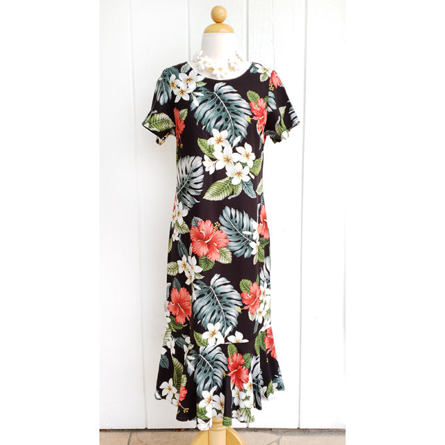 Half Sleeve Beige Hibiscus Hawaiian Dress -Black 2866