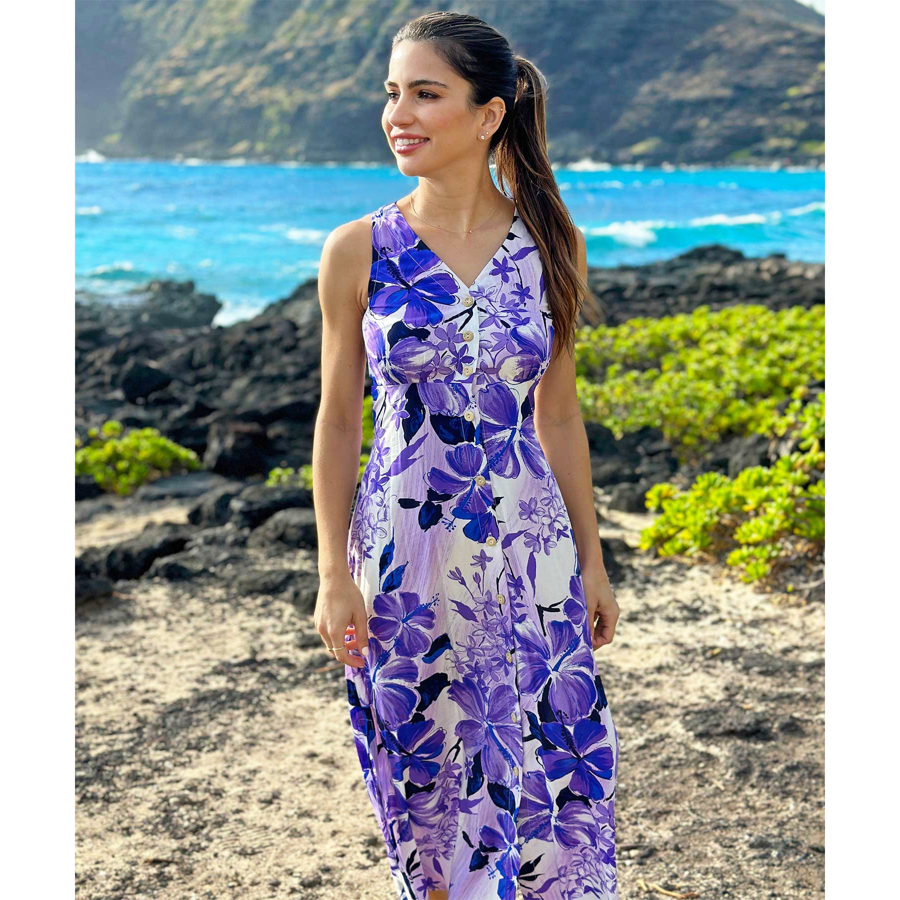Hawaiian Tank Dress Long [190 Watercolor Hibiscus]