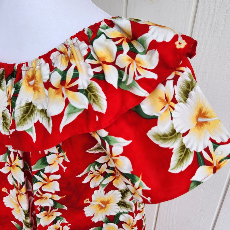 Hawaiian Muumuu Double Ruffle Semi-Long Dress [Hibiscus Ray Panel]