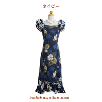 Hawaiian Muumu Ruffle Dress Long [Palm Tree Hibiscus]