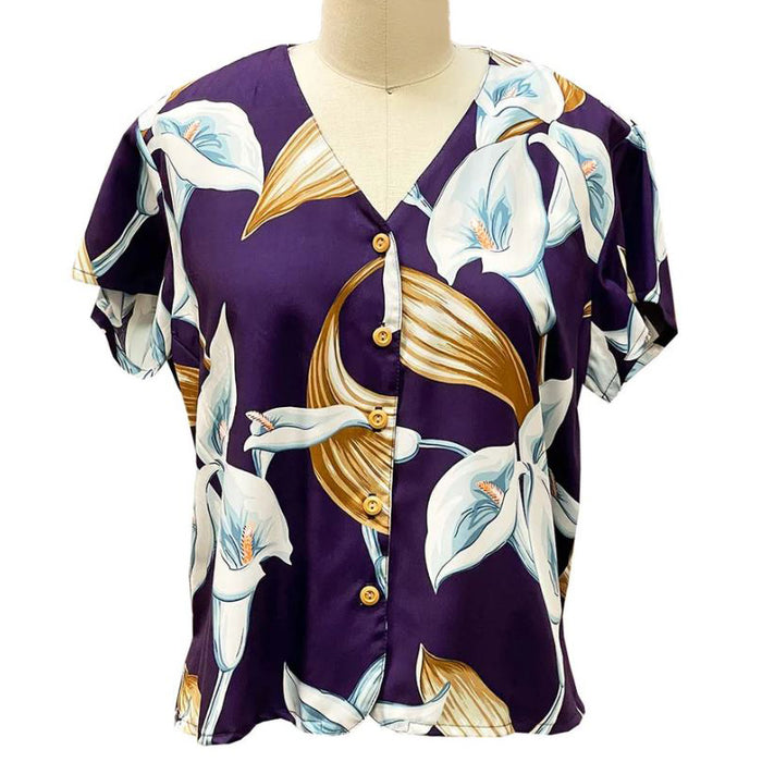 Hawaiian Paradise Fund V-Neck Ladies Aloha Shirt [Calla Lily]