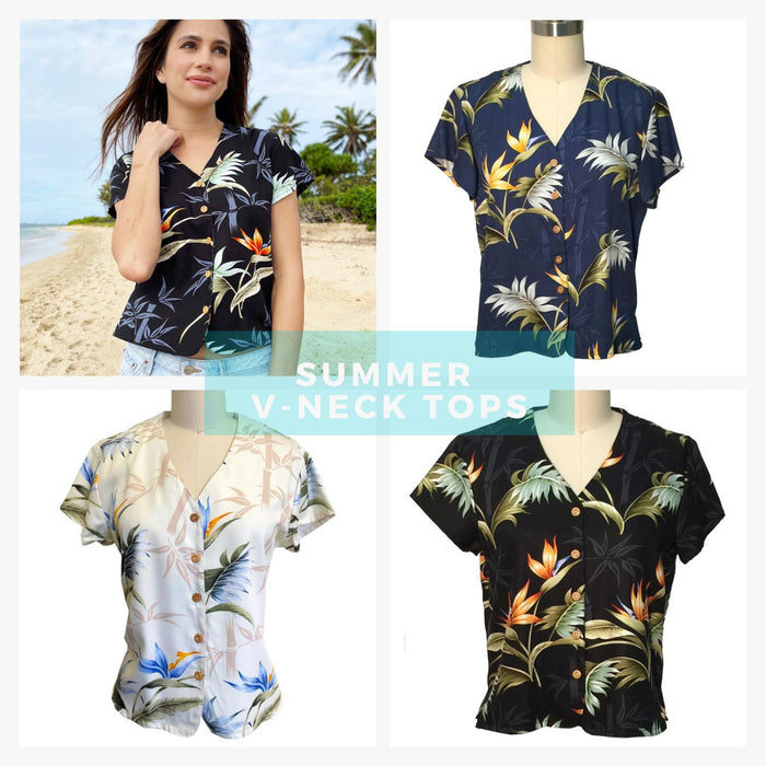Hawaiian Paradise Fund V-Neck Ladies Aloha Shirt [Bamboo Paradise]