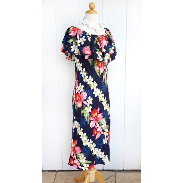 Hawaiian Off Shoulder Dress Semi-Long [Plumeria Orchid Panel]