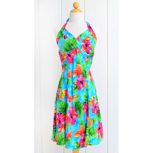 Hawaiian Halter Neck Dress Short [Hibiscus Water Color]