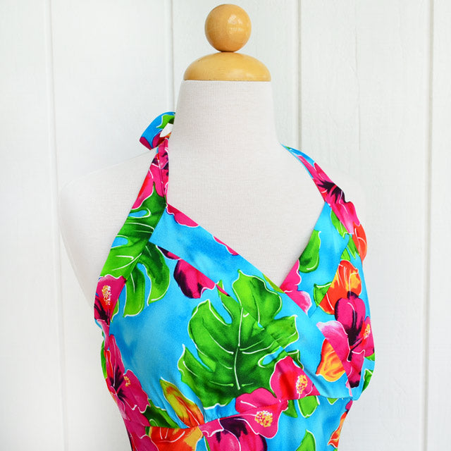 Short Halter Floral Dress Hibiscus Watercolor Blue / XL Short Halter Floral Dress Hibiscus Watercolor Blue / XL