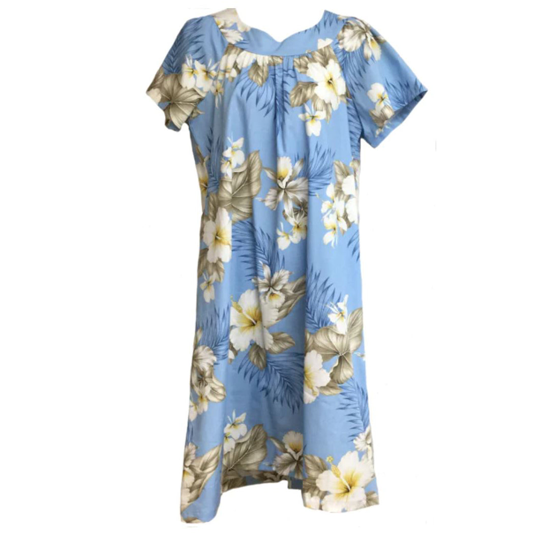 Hawaiian Muumuu Dress Hibiscus Trend Light Blue / L Hawaiian Muumuu Dress Hibiscus Trend Light Blue / L