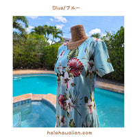 新作 ハワイアン　レーヨン スリーブ ロングドレス 【 ハイビスカス&モンステラ 】