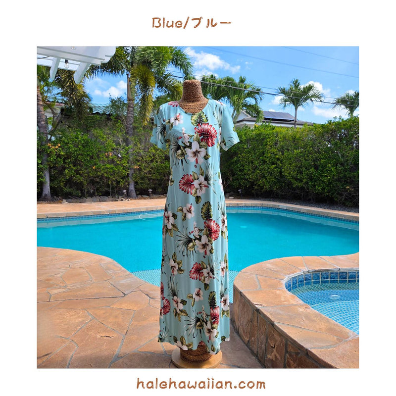 新作 ハワイアン　レーヨン スリーブ ロングドレス 【 ハイビスカス&モンステラ 】